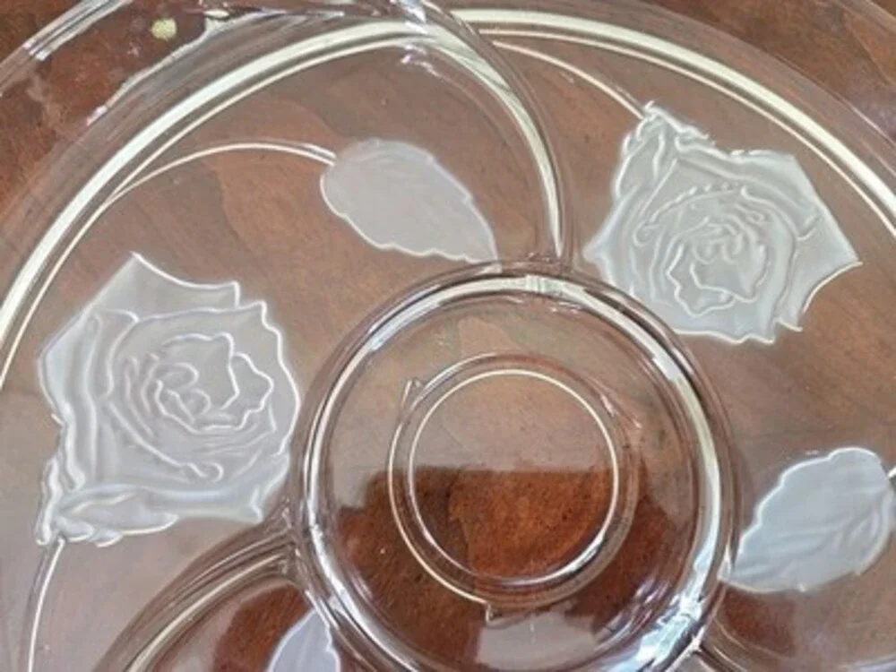 Indiana Glass Pressed Frosted Rose Divided  13” Appetizer Tray